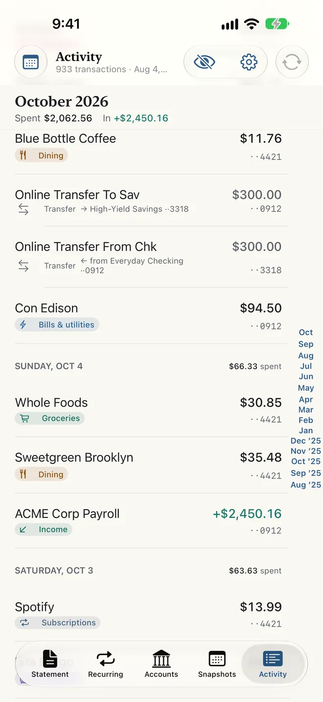Activity: every transaction in one feed, grouped by day with a category for each, and a column of months along the right edge for jumping back.