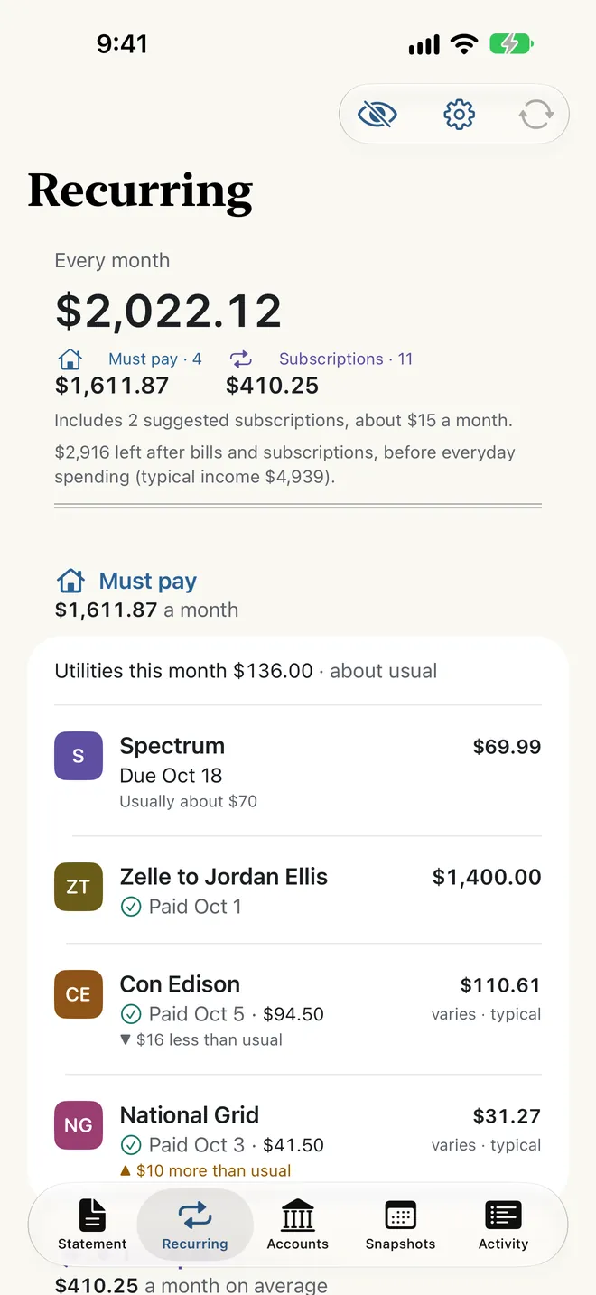 The Recurring tab: what you pay every month, split into Must pay and Subscriptions, then the Must pay bills, with this month's utilities, a rent share paid to a person, and electricity and gas bills marked less or more than usual.