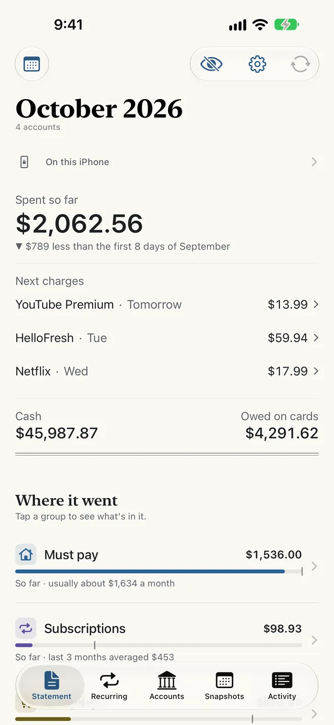 OpenStatement's Statement tab for October: spent so far, compared with the same point last month; the next three charges; cash and what's owed on cards; then Where it went, starting with Must pay.